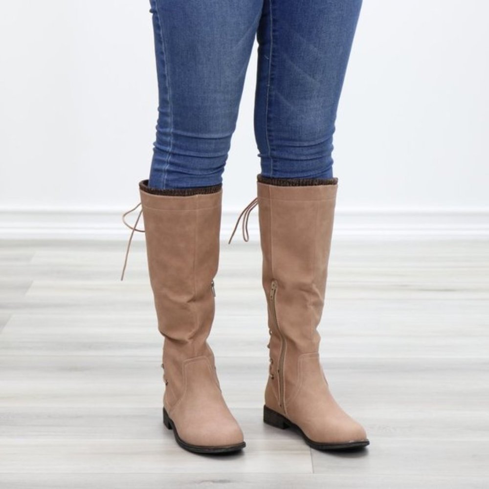 Taupe Warm Winter Mid Calf Lace Back Boots - Picture 13 of 15
